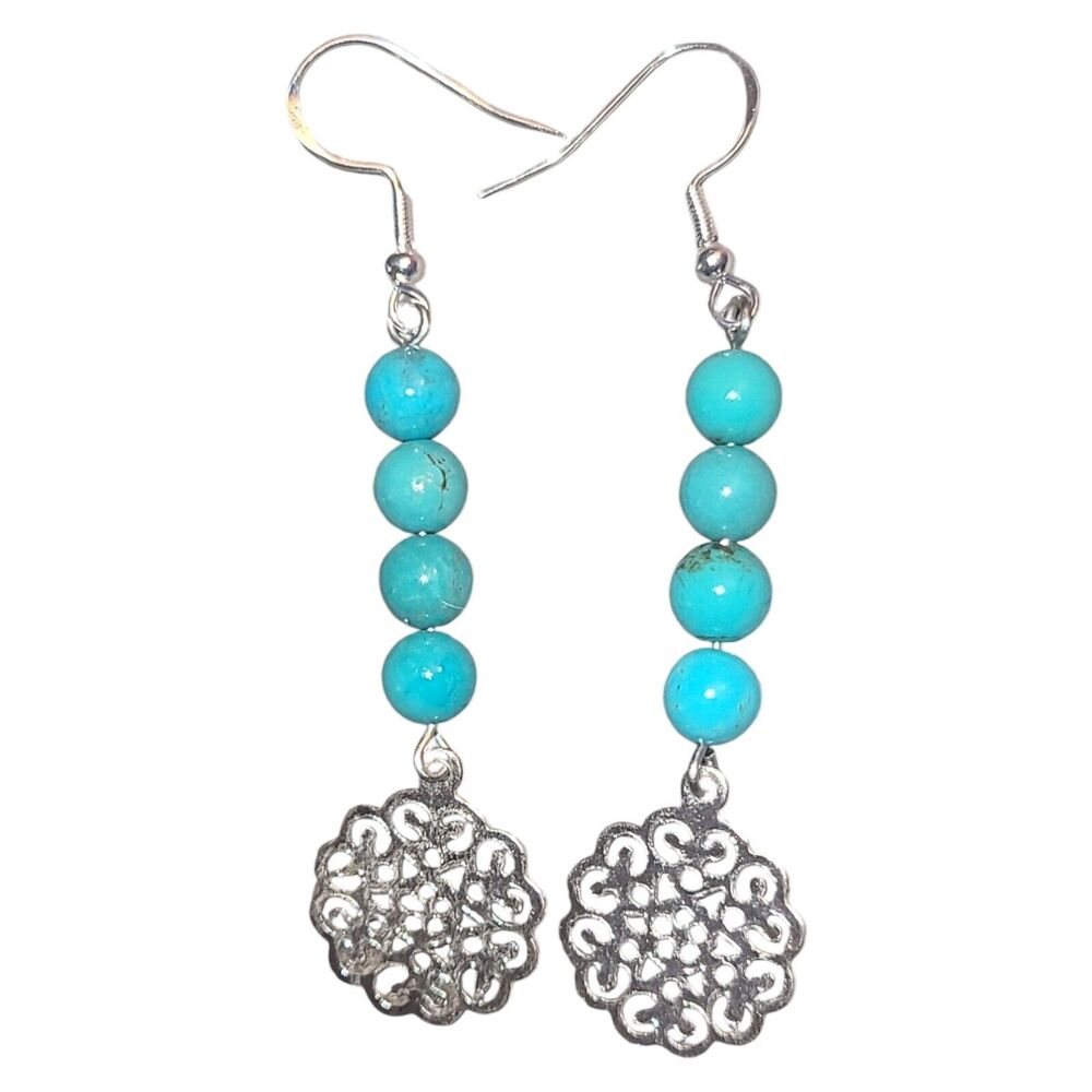 Handmade Sterling Silver 925 Turquoise Color‎ Bead Dangle Earrings